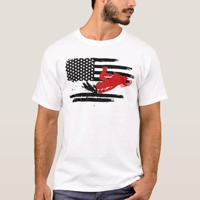 Snowmobile USA Flag Patriotic Winter Sports Retro  T-Shirt (Front)