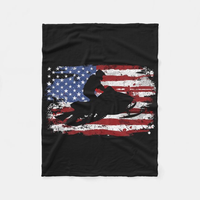 Snowmobile Vintage American Flag  Fleece Blanket (Front)
