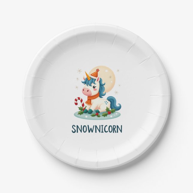 Snownicorn Cute Unicorn Snowman Christmas Girl T-S Paper Plate (Front)