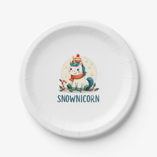 Snownicorn Cute Unicorn Snowman Christmas Girl T-S Paper Plate (Front)