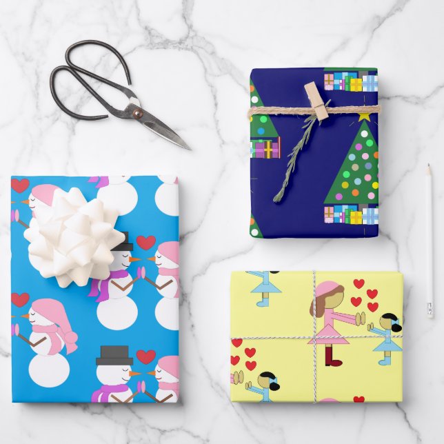 Snowpeople, Christmas Tree, Children & Love: Wrapping Paper Sheet (Front)