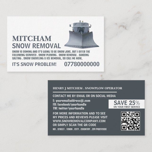 Snowplow, Snow Removal Company Advertising Business Card (Front/Back)