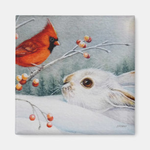 Snowshoe Rabbit & Cardinal Bird Watercolor Art Magnet