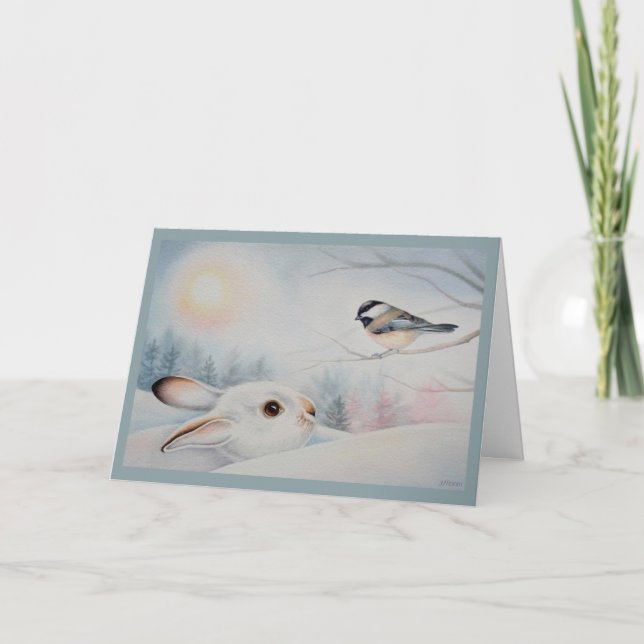 Snowshoe Rabbit & Chickadee Bird Watercolor Art Card (Front)