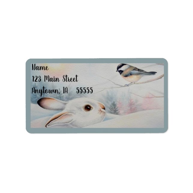 Snowshoe Rabbit & Chickadee Bird Watercolor Art Label (Front)