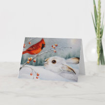Snowshoe Rabbit & Red Cardinal Bird Watercolor Art