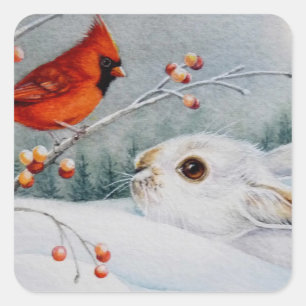 Snowshoe Rabbit & Red Cardinal Bird Watercolor Art Square Sticker