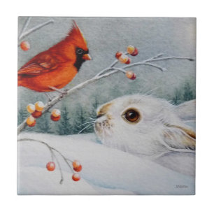 Snowshoe Rabbit & Red Cardinal Watercolor Art Cera Tile