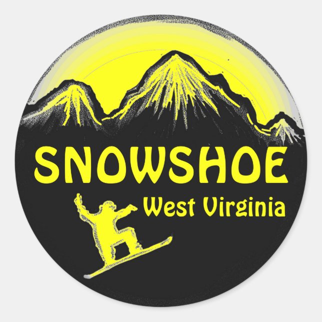 Snowshoe West Virginia yellow snowboard stickers (Front)