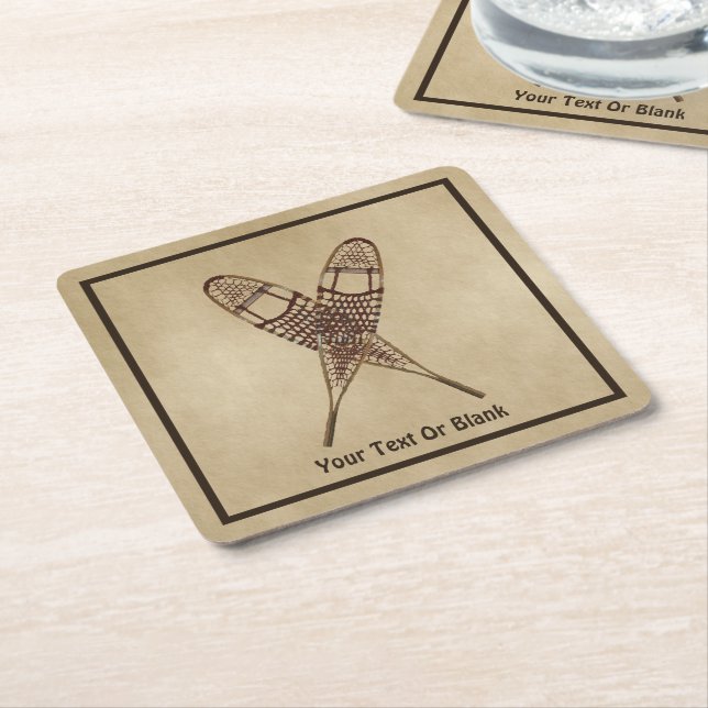 Snowshoes On Old Paper Square Paper Coaster (Angled)