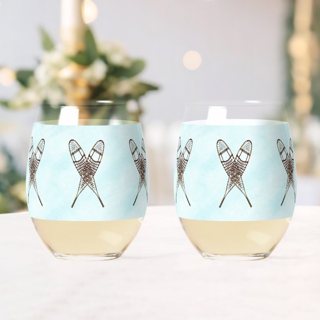 Snowshoes On Old Paper Stemless Wine Glass (Insitu (Wedding))