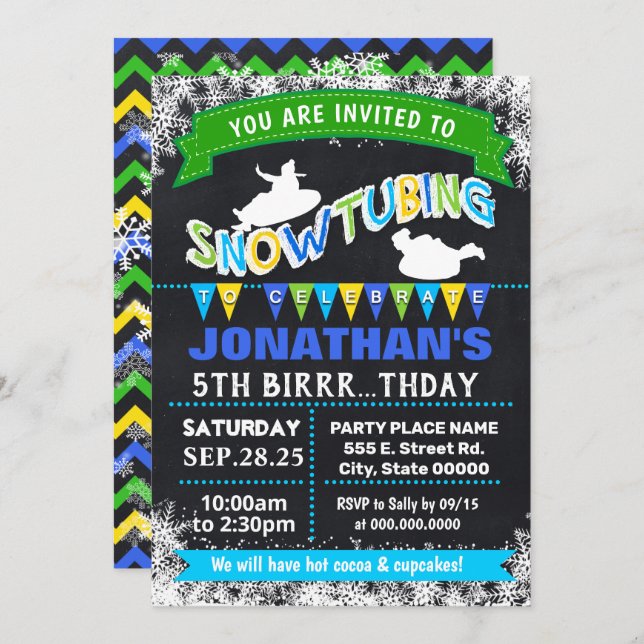 Snowtubing birthday party bash sleeding blue invitation (Front/Back)