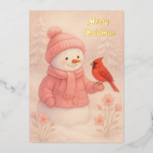 Snowwoman with Red Bird Christmas Foil Holiday Card