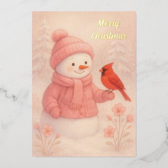 Snowwoman with Red Bird Christmas  Foil Holiday Card (Front)