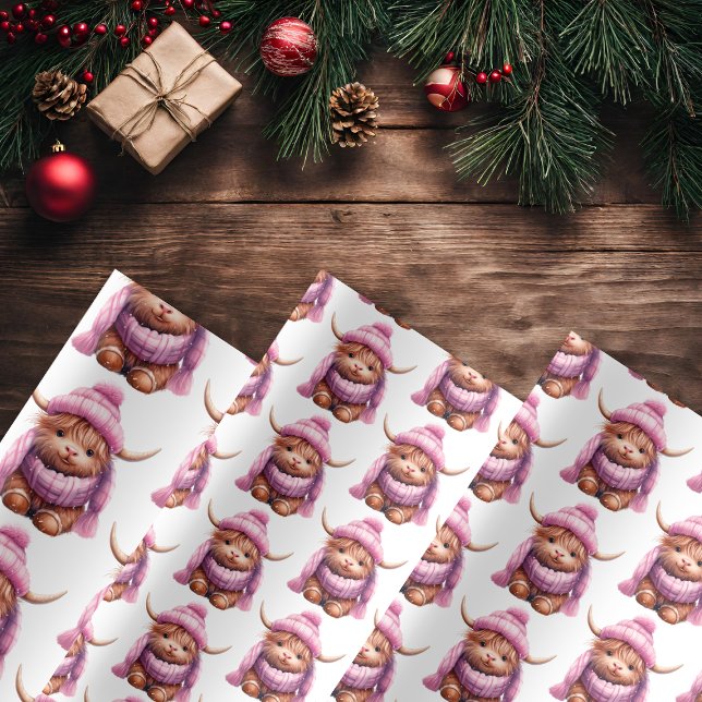 Snowy Adventure Pink Highland Cow Wrapping Paper  (Creator Uploaded)