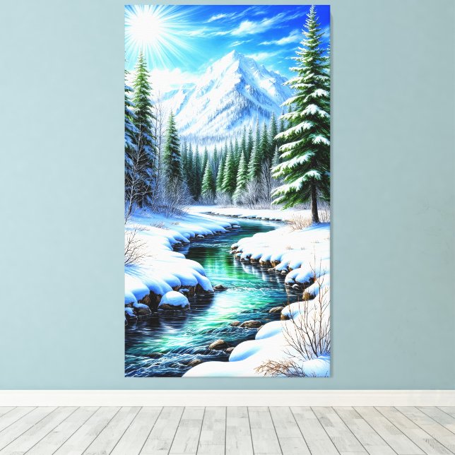 Snowy Alpine Valley With Sunlit River Canvas Print (Insitu(Wood Floor))