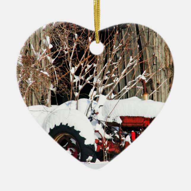 Snowy Antique Tractor Ceramic Tree Decoration (Front)