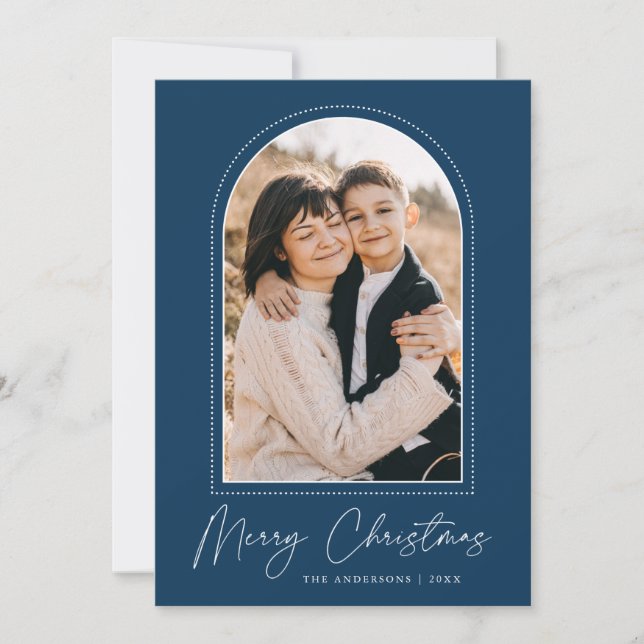 Snowy Arch Navy Blue Merry Christmas Photo Holiday Card (Front)