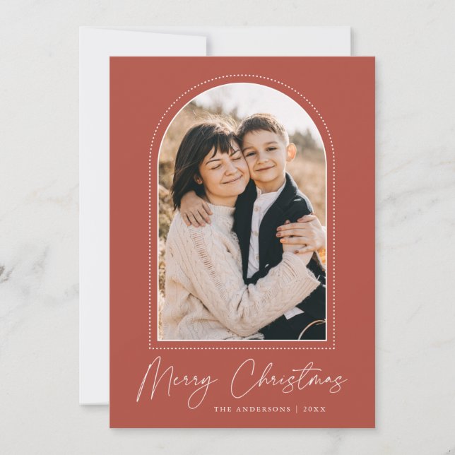 Snowy Arch Rust Merry Christmas Photo Holiday Card (Front)
