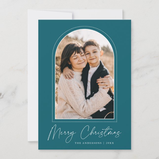 Snowy Arch Teal Merry Christmas Photo Holiday Card (Front)