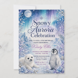 Snowy Aurora 5th Birthday Party Invitation