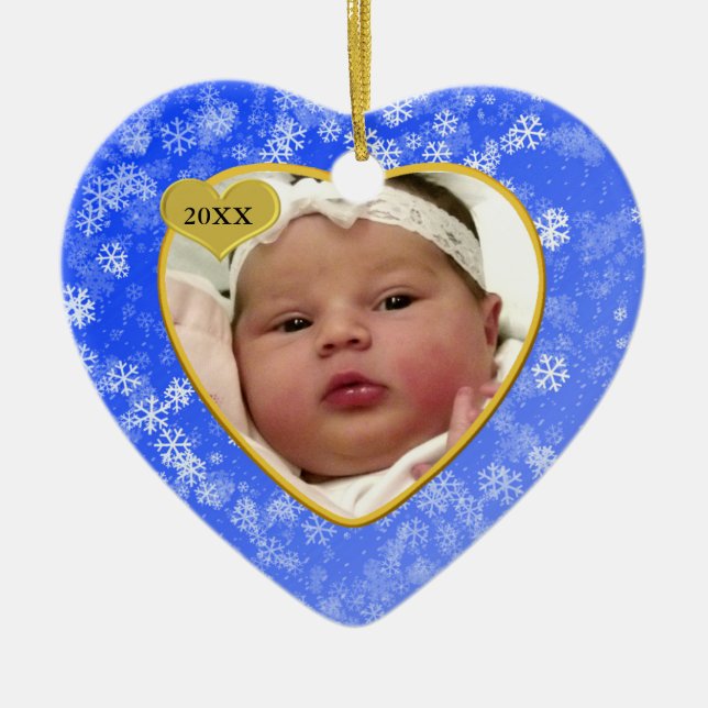 Snowy Babys First Christmas Photo Heart Ceramic Tree Decoration (Front)