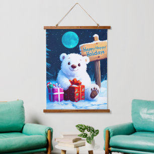Snowy Bear Christmas Joy Watercolor Hanging Tapestry