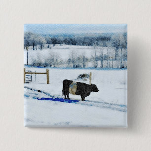Snowy Belted Galloway Cow in Snow Watercolor 15 Cm Square Badge