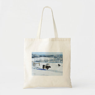 Snowy Belted Galloway Cow in Snow Watercolor Tote Bag