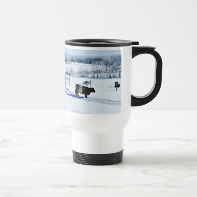 Snowy Belted Galloway Cow in Snow Watercolor Travel Mug (Right)