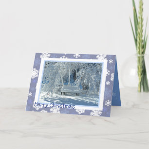 Snowy Bench / Blue Snowflakes Pattern / Christmas Holiday Card