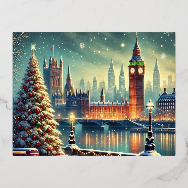  Snowy Big Ben & Festive London Skyline Foil Holiday Postcard (Front)