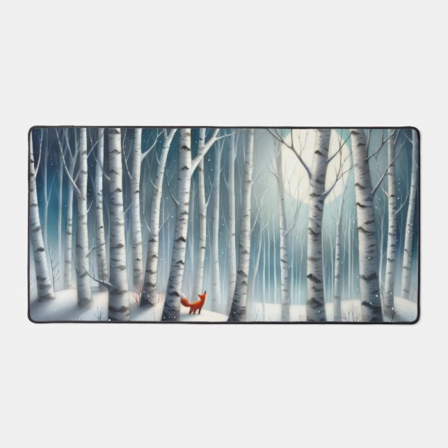Snowy Birch Forest Desk Mat with Fox (Front)