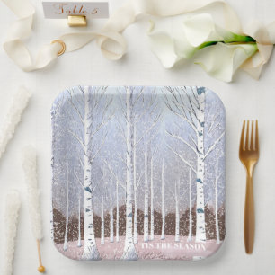 Snowy Birch Trees Christmas Dusty Blue ID1003 Paper Plate