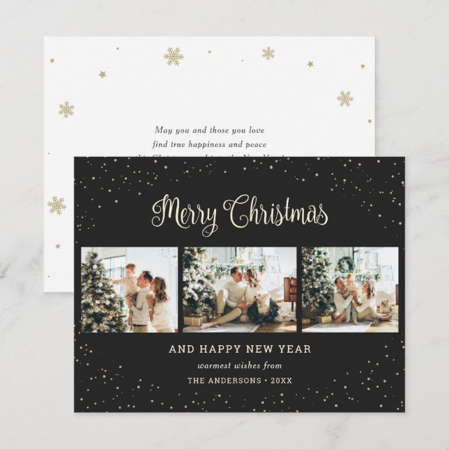 Snowy Black Merry Christmas Photo Holiday Card (Front/Back)