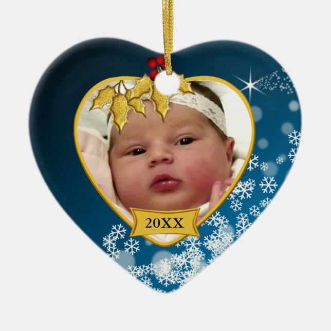 Snowy Blue and Gold Baby's 1st Christmas Photo Ceramic Tree Decoration (Front)