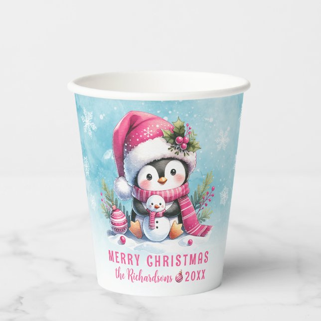 Snowy Blue and Pink Cute Penguin Merry Christmas Paper Cups (Front)