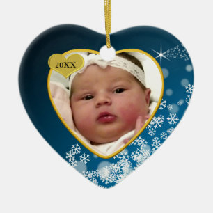 Snowy Blue Baby's Birth Year Photo Christmas Ceramic Tree Decoration