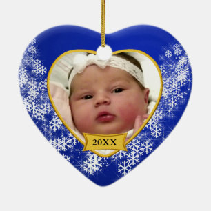 Snowy Blue Baby's Photo Christmas Ceramic Tree Decoration
