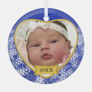 Snowy Blue Baby's Photo Heart Christmas Glass Tree Decoration