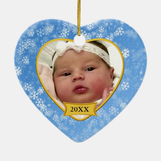 Snowy Blue Baby's Photo Keepsake Christmas Ceramic Tree Decoration (Back)