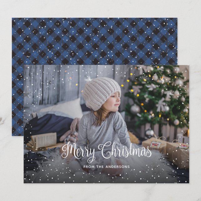 Snowy Blue Buffalo Plaid Photo Christmas Cards (Front/Back)