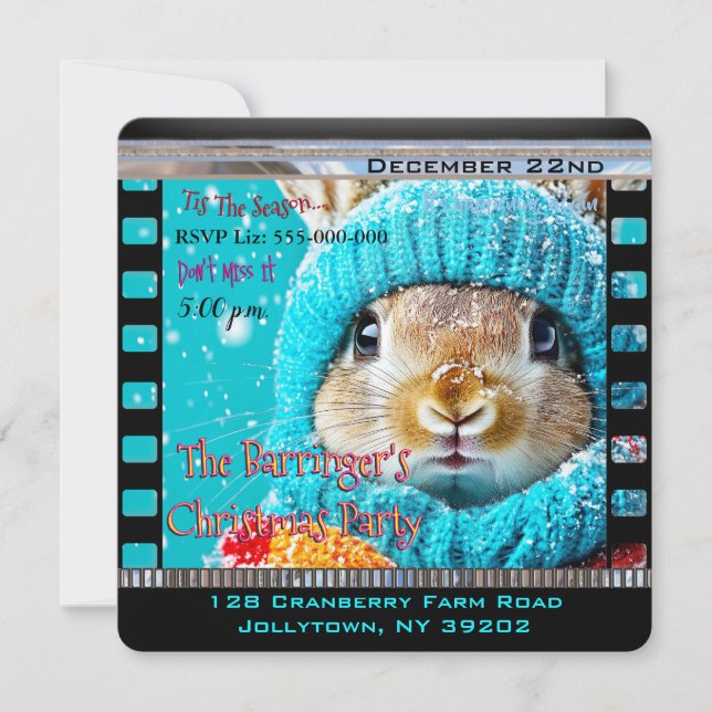 Snowy Blue Bunny Christmas Party Invitation (Front)