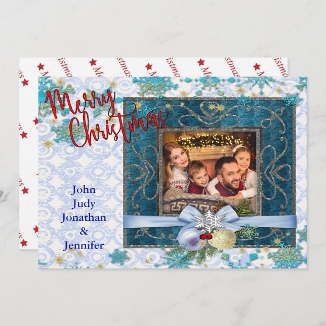 Snowy Blue Christmas Picture Frame Holiday Card (Front/Back)
