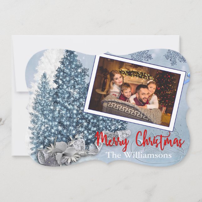 Snowy Blue Christmas Trees Photo Fancy Cut Holiday Card (Front)