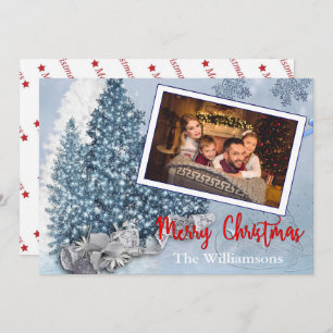 Snowy Blue Christmas Trees With Lace Photo Holiday Card