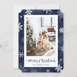 Snowy Blue Foil Photo Merry Christmas Cards