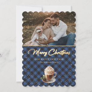 Snowy Blue Gold Buffalo Plaid Photo Christmas Holiday Card