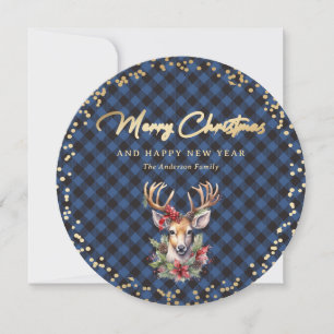 Snowy Blue Gold Deer Merry Christmas Holiday Card