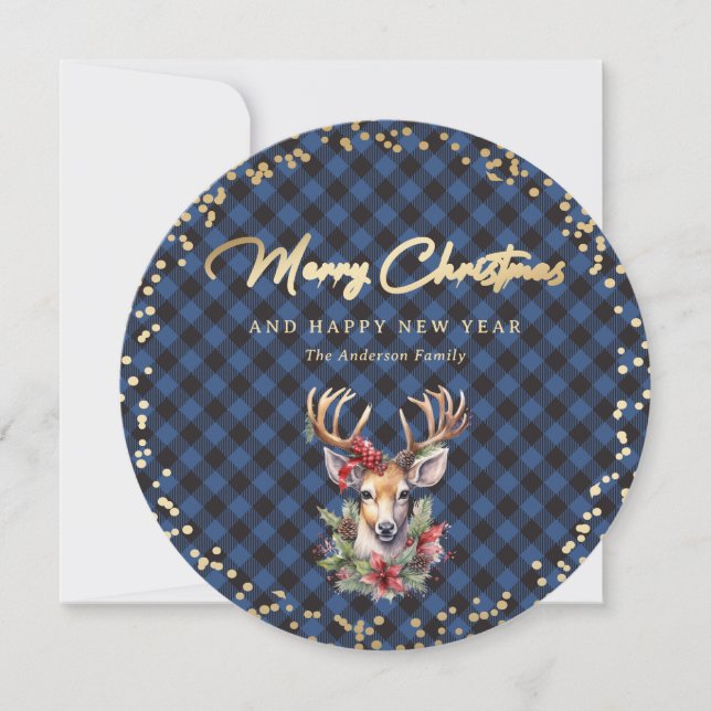 Snowy Blue Gold Deer Merry Christmas Holiday Card (Front)